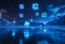 Blue neon cubes levitating above frozen lake.