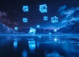 Blue neon cubes levitating above frozen lake.