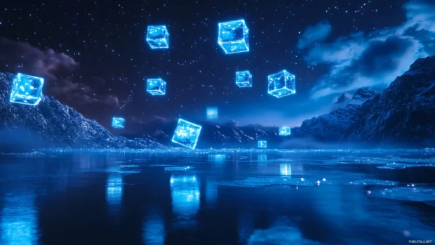 Blue neon cubes levitating above frozen lake.