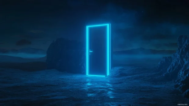 Blue neon door floating in black desert.