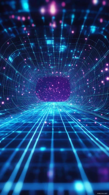 Blue neon glow aesthetic, Blue neon digital grid stretching into horizon.