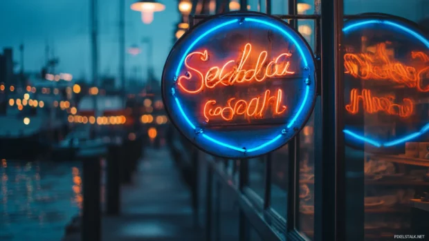 Blue neon seafood restaurant sign by the docks.