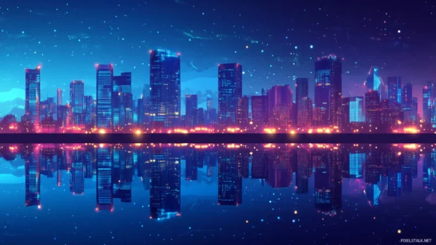 Blue neon skyline mirrored on smooth water.