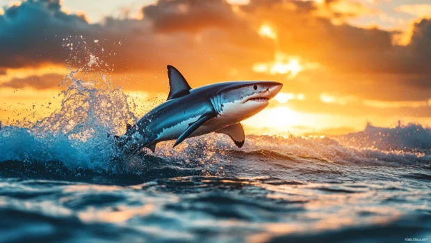 Blue shark leaping through splashing waves at golden hour.