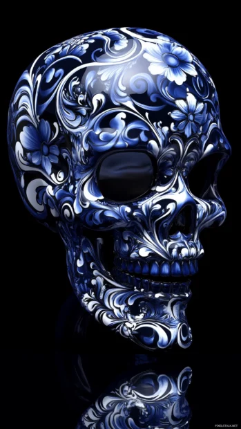 Blue skull, floral patterns, lighter blue shades, contrasted against black background.