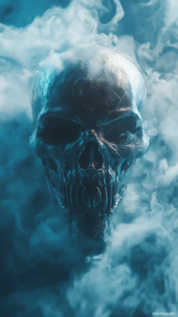Blue skull, sharp details, metallic reflections, enveloped in abstract blue smoke and fog.