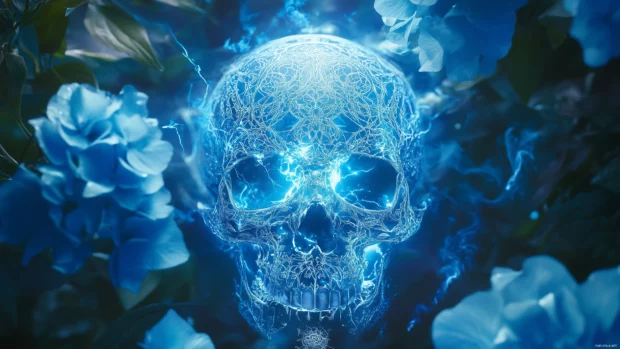 Blue skull with detailed patterns, neon blue flowers, electric light framing.
