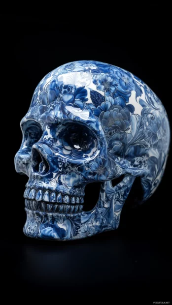 Blue skull with intricate floral patterns, lighter blue shades, black background.