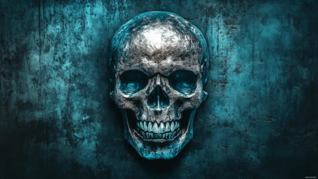 Blue skull with metallic textures, soft blue and silver lighting, dark grungy background.