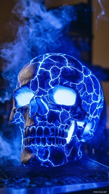 Blue skull with neon cracks, glowing softly, smoky, mysterious vibe.