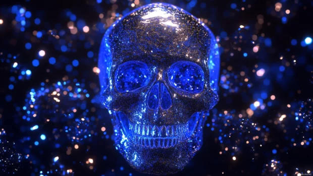 Blue skull with refracting light, prism effects, shimmering particles, dark cosmic setting.