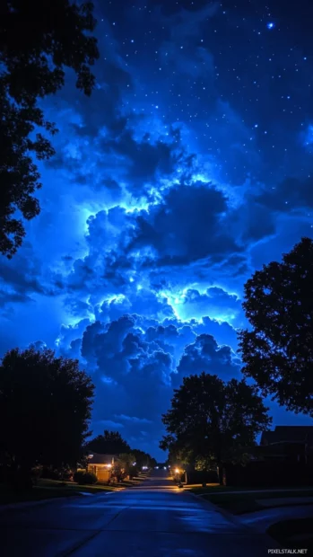Blue stars peeking through velvet night clouds.