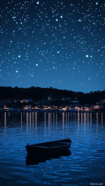 Blue stars scattered across a sleepy harbor.