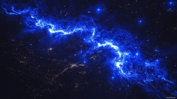 Blue stars tracing rivers through blackness.