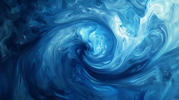 Blue swirl design Windows 11 lock screen wallpaper featuring minimal abstract shapes.