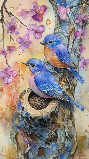 Bluebirds nesting in hollow trees surrounded by watercolor blossoms.
