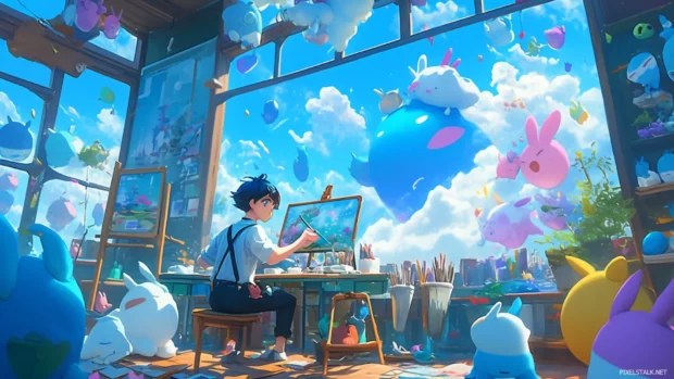 Bluey and Bingo painting colorful skies in a magical art room.