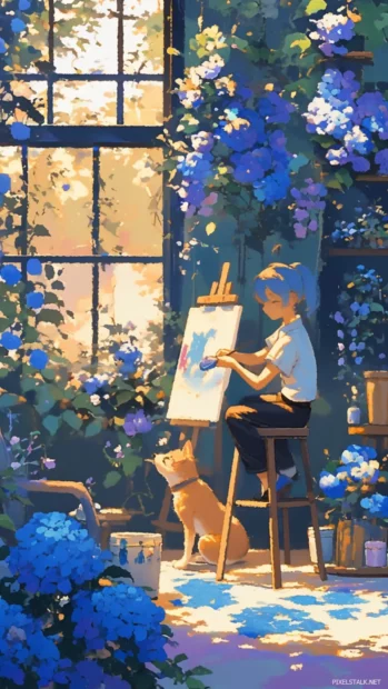Bluey and Bingo painting flowers on a summer day in the backyard.