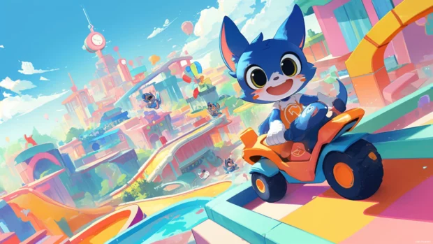 Bluey and Bingo racing hover scooters through pastel playgrounds.