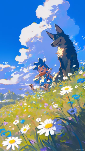 Bluey and Bingo running through a garden full of daisies.