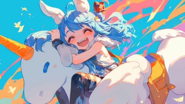 Bluey hugging Bingo while riding on a giant stuffed unicorn.