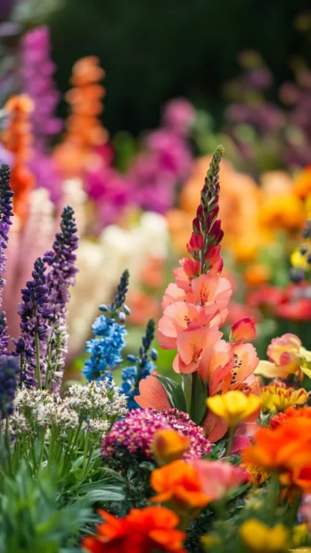Blurred background of a flower garden in full bloom.