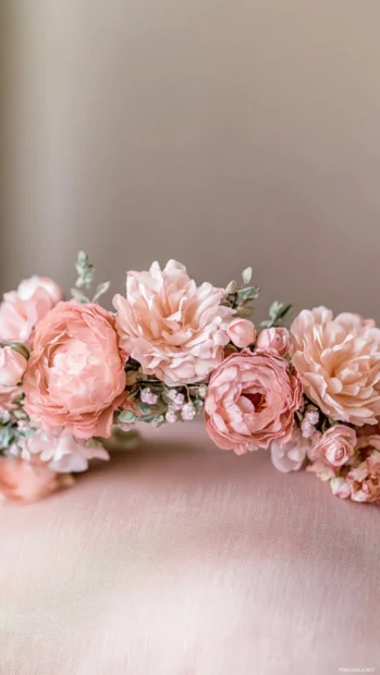 Blush blooms forming a Pink Girly flower crown on a cushion.