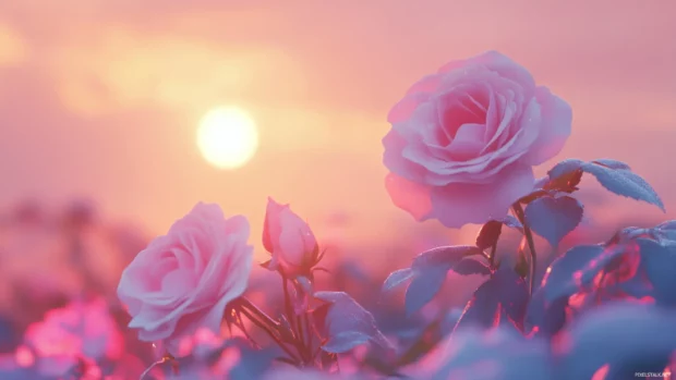 Blush pink Beautifull Roses bathed in sunset glow.