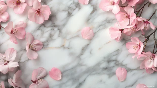 Blush pink cherry blossom petals scattered across a marble surface.