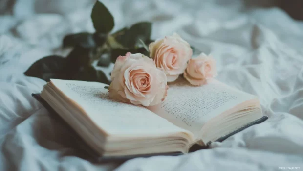 Blush roses resting inside an open diary on a soft bed.