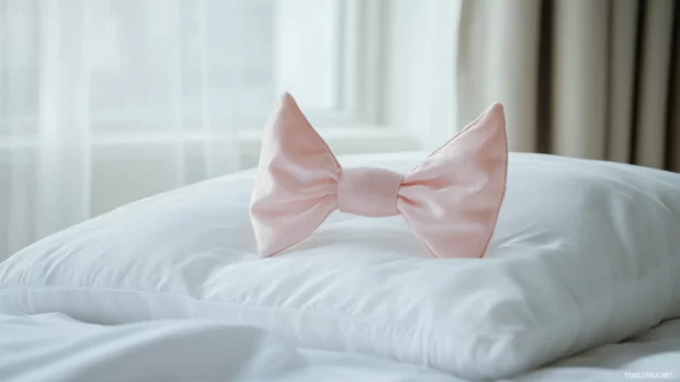 Blushing cat ears headband placed atop a white pillow.