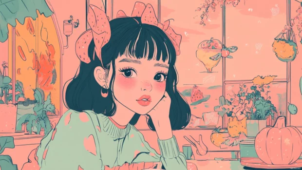 Blushing cheeks and shy smiles in a kawaii girly art scene.