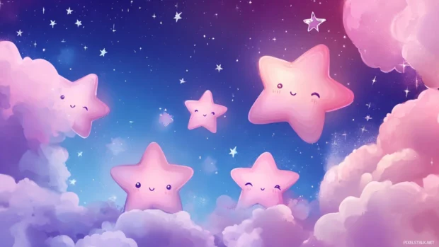 Blushing chibi stars drifting on cotton candy clouds, brightening up chibi style stars wallpaper.