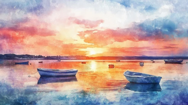 Boats drifting on a watercolor bay under the final light of sunset.