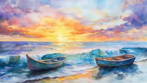 Boats rocking gently on watercolor ocean swells at sunset.