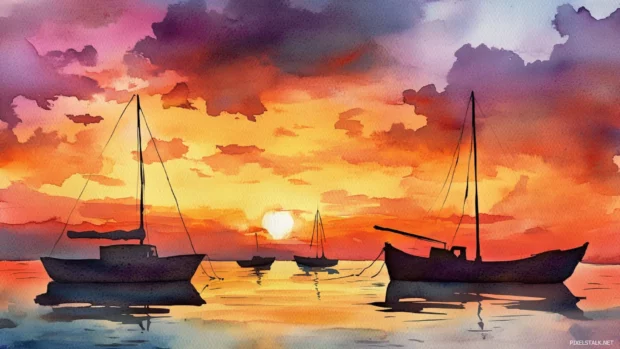 Boats silhouetted against a colorful sunset horizon watercolor art scene.