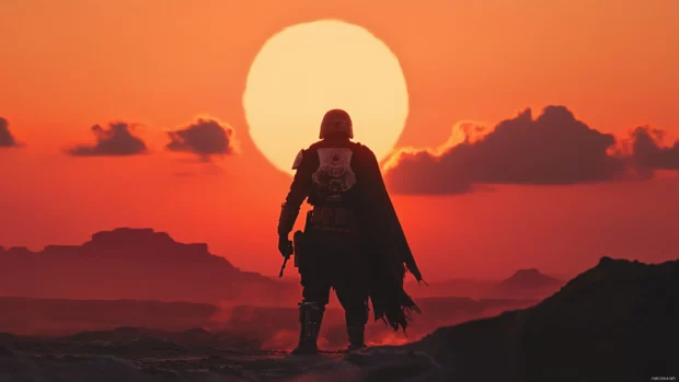 Boba Fett polishing his armor beneath twin suns.