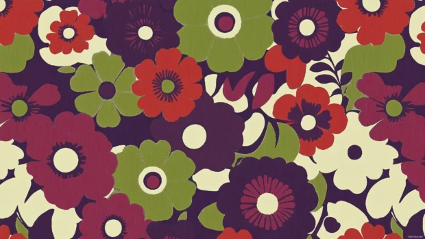 Bold 70s wallpaper, psychedelic floral pattern, deep red green purple hues, retro style.