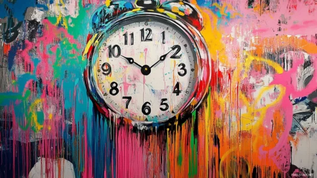 Bold art graffiti wallpaper for desktop showing melting clock in dripping colors.