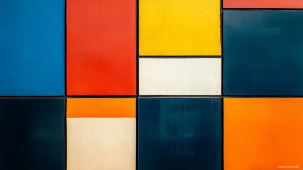 Bold color blocks arranged in mid century modern grid.
