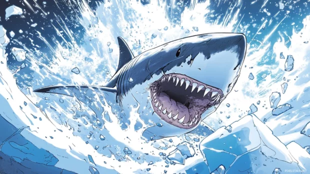 Bold comic style shark smashing through ice in cool shark wallpaper.
