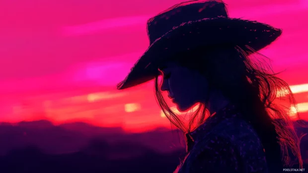 Bold cowgirl wallpaper aesthetic with hat tilted down and glowing dusk.