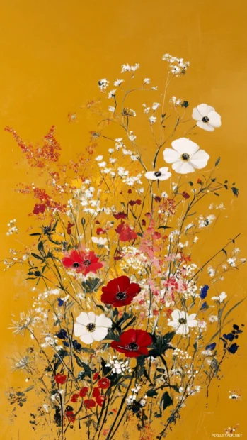 Bold petals and flower bursts over mustard backdrop.
