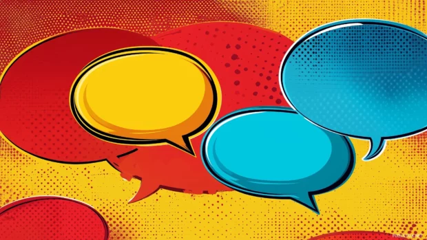 Bold pop art design, retro speech bubbles, halftone patterns, bright red yellow blue, comic style.