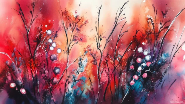 Bold red watercolor background with dynamic, vibrant splashes.