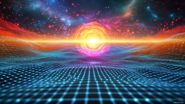 Bold retrowave scene, glowing pyramids, pink orange sun, dark clouds, grid landscape.