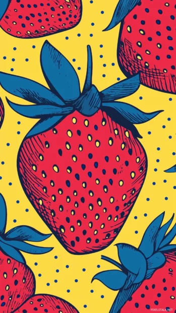 Bold strawberry pattern with halftone shading, grid layout, pop art inspired.