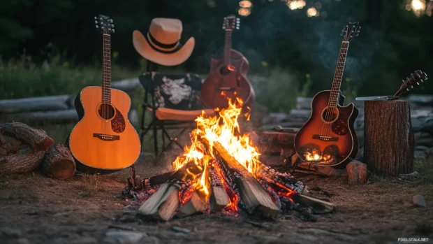Bonfire gathering with country music instruments around, Country music band background HD.