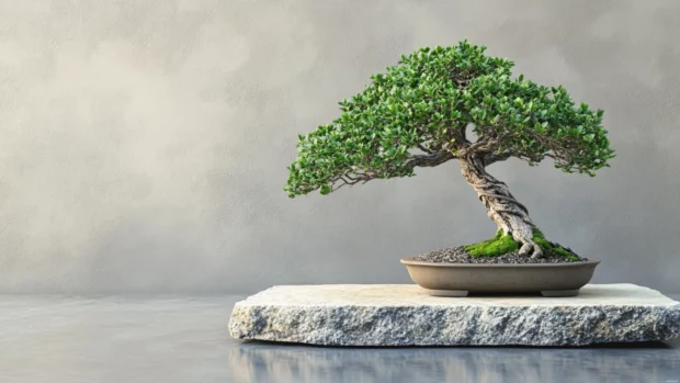Bonsai tree on a minimalist stone table.