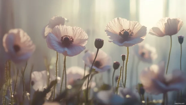 Botanical desktop wallpaper, ultra detailed Poppies in natural light, soft background blur.